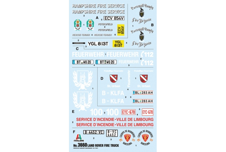 Italeri 3660 Land Rover Fire Truck Decals
